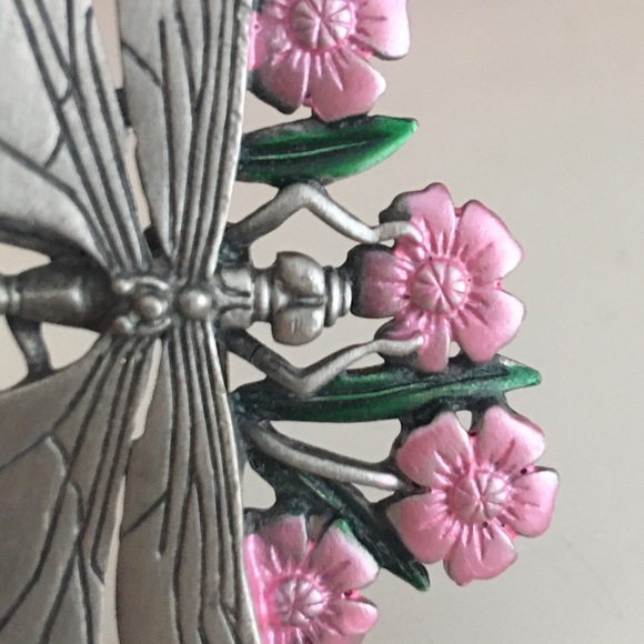JJ JONETTE JONES Vintage Pewter Dragonfly Pink Flowers Pin Brooch - Picture 6 of 7